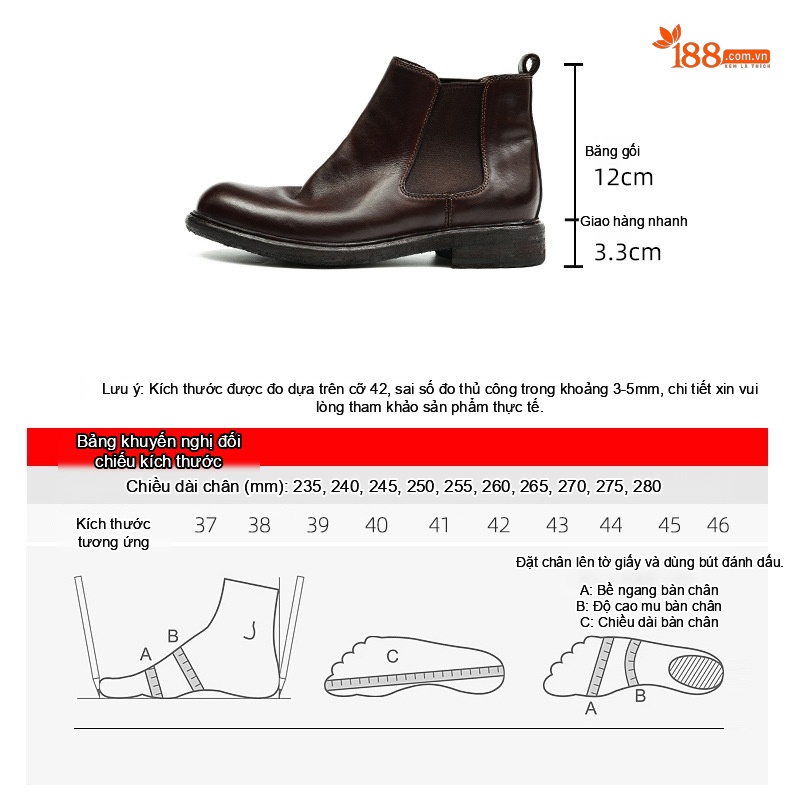 Boot Chelsea Nam Da Mờ Cao Cổ Chiều Cao Đế Khoảng 3cm Màu Đen, Nâu chi tiết 20