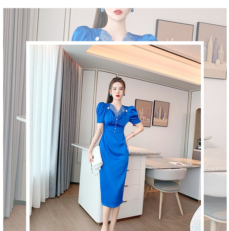 Đầm Ôm Body Cổ chữ V Ren Tay Ngắn Phong Cách Hepburn Màu Đen, Xanh chi tiết 1