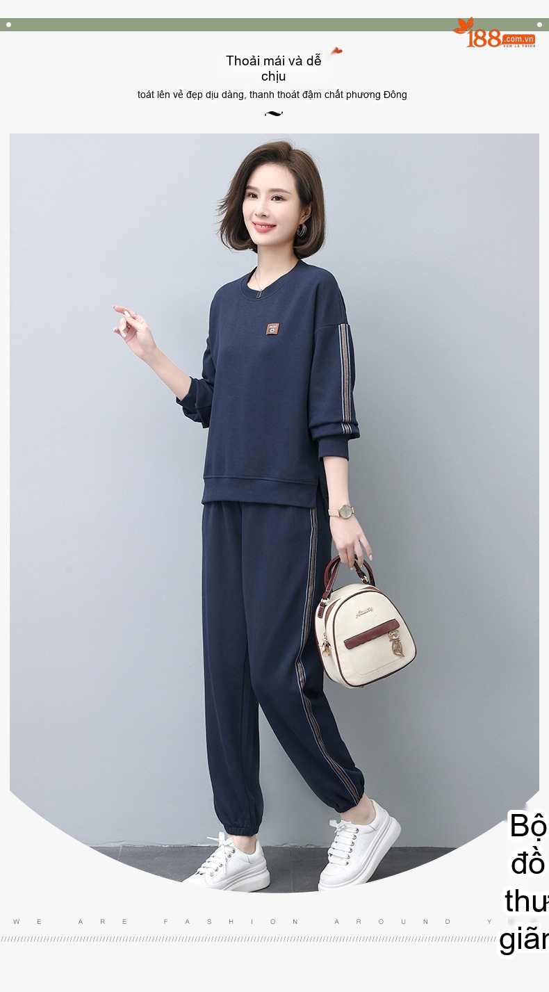 Bộ Đồ Thể Thao Nữ Thu Đông Dáng Nhỏ Nhắn Phong Cách Thời Trang Màu Xám, Xanh Navy chi tiết 3