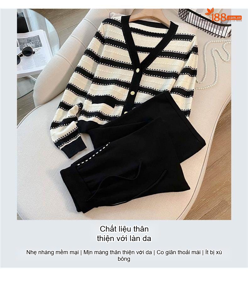 Bộ Set Áo Cardigan Dệt Kim Sọc Kẻ Quần Ống Rộng Phong Cách Tiểu Thư Màu Đen, Trắng chi tiết 3