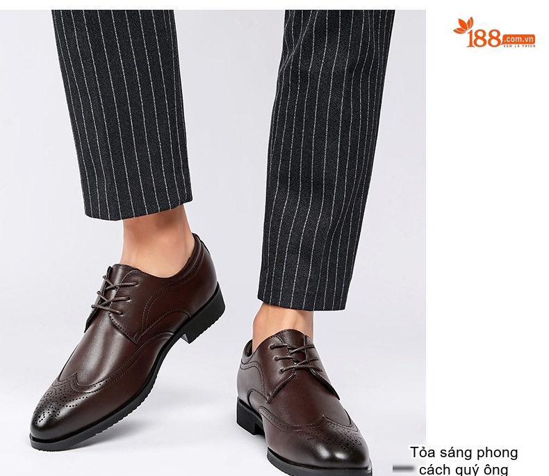 Giày Tây Buộc Dây Nam Da Bóng Brogue Chiều Cao Đế Khoảng 3cm Màu Đen, Nâu chi tiết 12