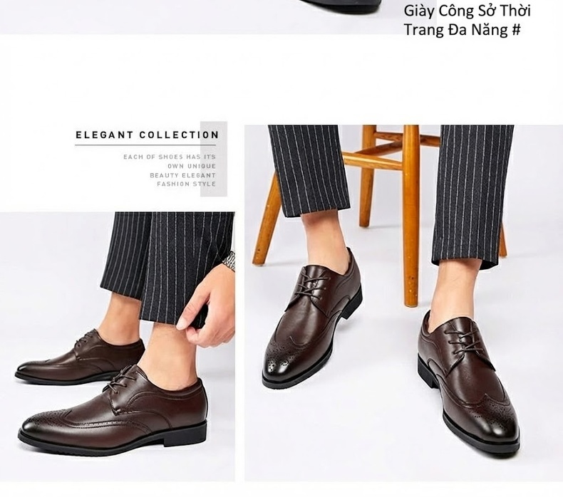 Giày Tây Buộc Dây Nam Da Bóng Brogue Chiều Cao Đế Khoảng 3cm Màu Đen, Nâu chi tiết 13
