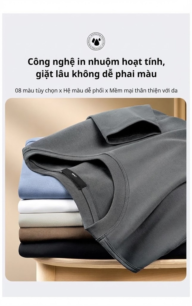 Áo Thun Dài Tay Nam Cotton Lụa Xử Lý Amoniac Màu Trắng, Kem, Nâu, Đen chi tiết 15