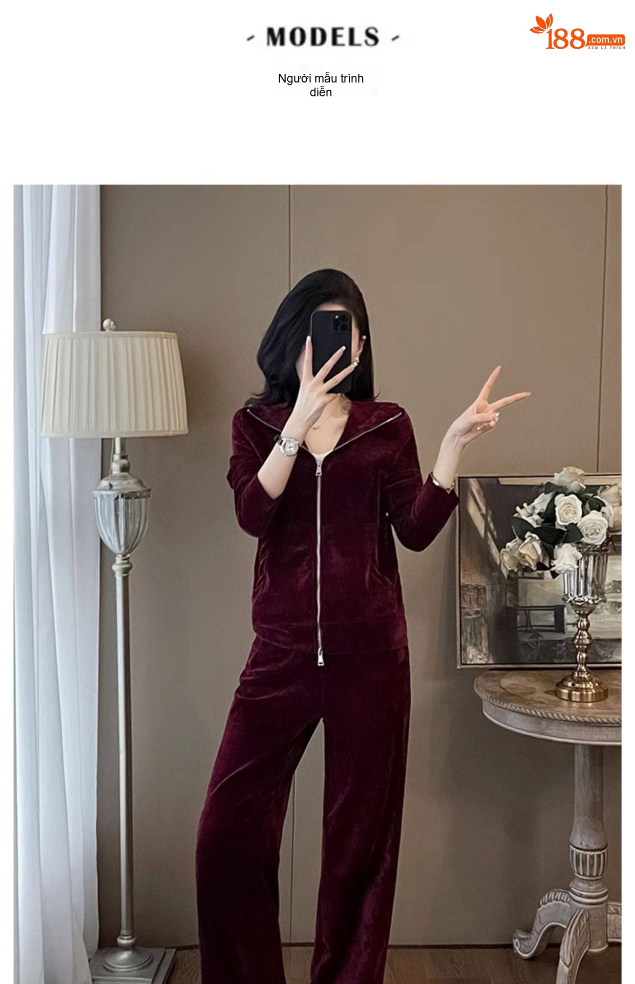 Bộ Đồ Thể Thao Nữ Áo Khoác Nhung Quần Ống Rộng Phong Cách Thời Trang Màu Đỏ Rượu, Xanh Navy chi tiết 10