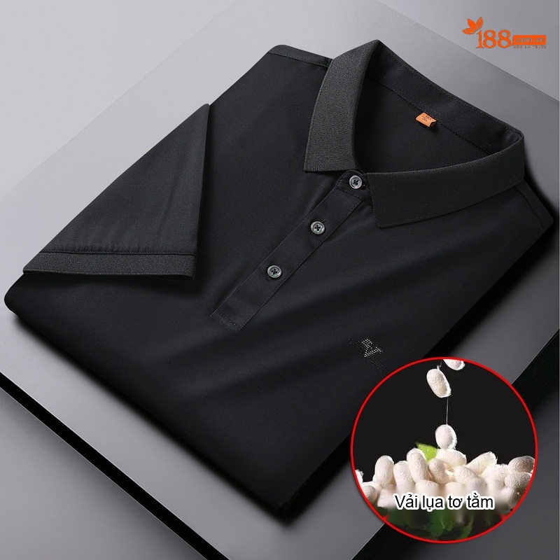 Áo Polo Nam Tay Ngắn Lụa Tơ Tằm Cổ Bẻ Dáng Rộng Màu Đen