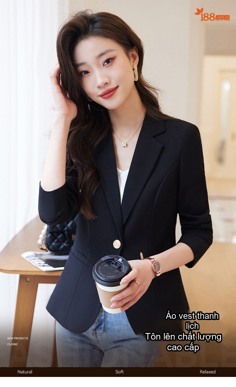 Áo Vest Blazer Nữ Ngắn Tay Lỡ Màu Trắng Kem, Đen, Kaki, Nâu Cà Phê chi tiết 3