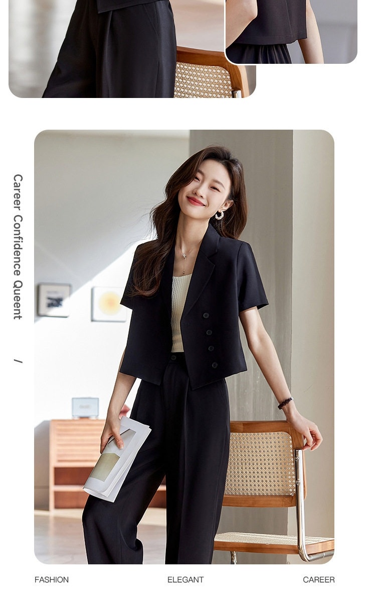 Bộ Vest Nữ Quần Ống Rộng Áo Blazer Ngắn Tay Lửng Phong Cách Công Sở Màu Hồng, Trắng, Đen chi tiết 22
