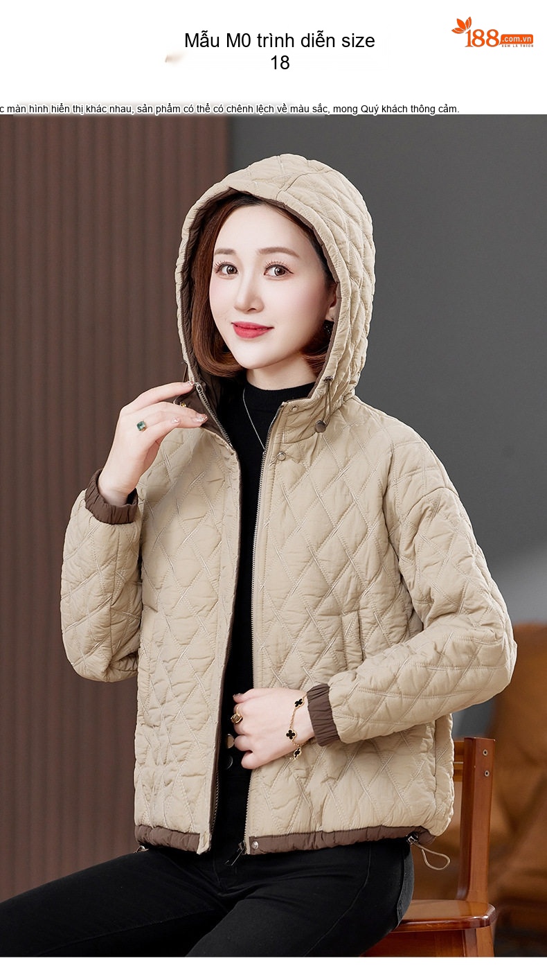 Áo Khoác Phao Nữ Trám Ô Nhỏ Dáng Ngắn Có Mũ Trùm Cotton Màu Be chi tiết 12