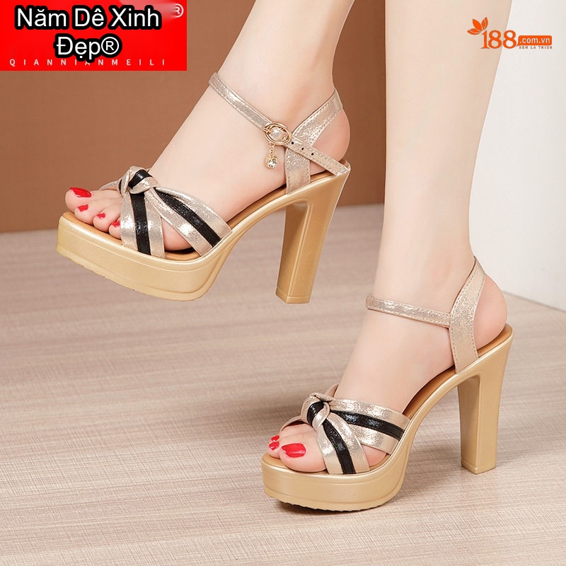 Giày Sandal Cao Gót Nữ Quai Ngang Hở Ngón Gót Cao 10cm Màu Vàng, Đen, Đỏ