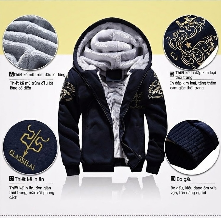 Bộ Quần Áo Nỉ Nam Thu Đông Dày Dặn Lót Lông Cừu Non Áo Khoác Có Mũ Màu Đen, Xám, Xanh Navy, Đỏ chi tiết 5