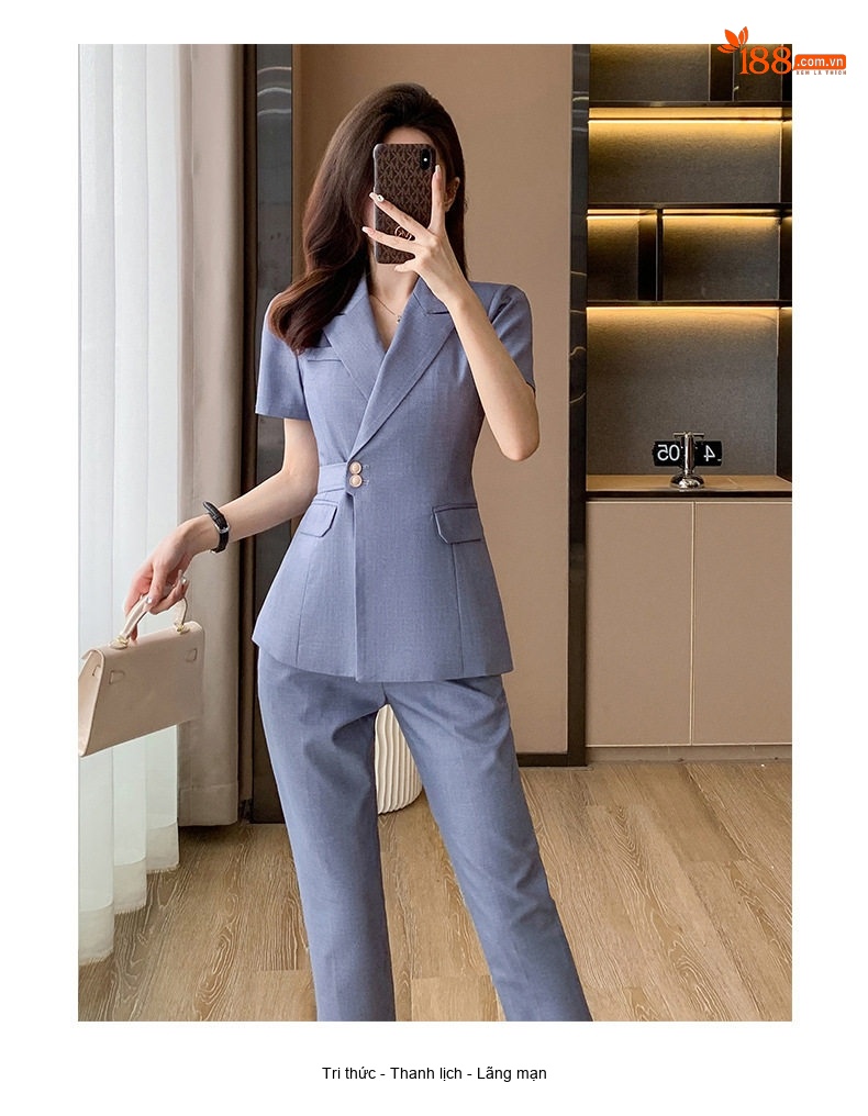 Bộ Vest Công Sở Nữ Tay Ngắn Áo Blazer Quần/Chân Váy Màu Xám, Đen, Xanh Dương chi tiết 14