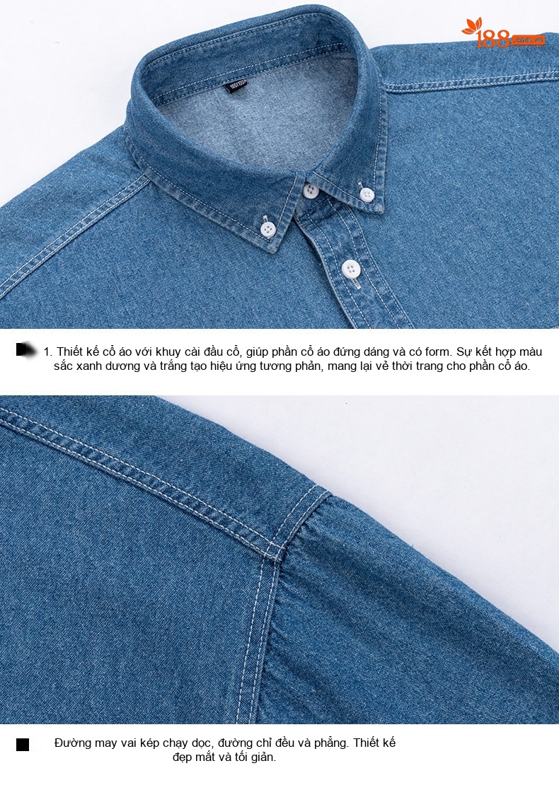 Áo Sơ Mi Tay Ngắn Cotton Denim Nam Phong Cách Hàn Quốc Màu Xanh Dương Nhạt, Xanh Dương Đậm chi tiết 8