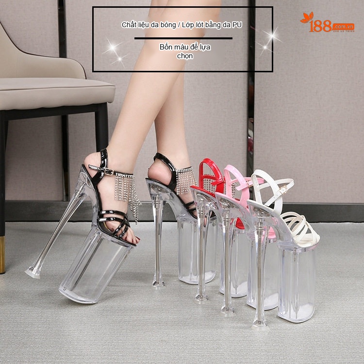 Giày Sandal Cao Gót Nữ Quai Ngang Đính Đá Gót Cao 10cm - 12cm Màu Đen, Đỏ, Hồng, Trắng... chi tiết 1