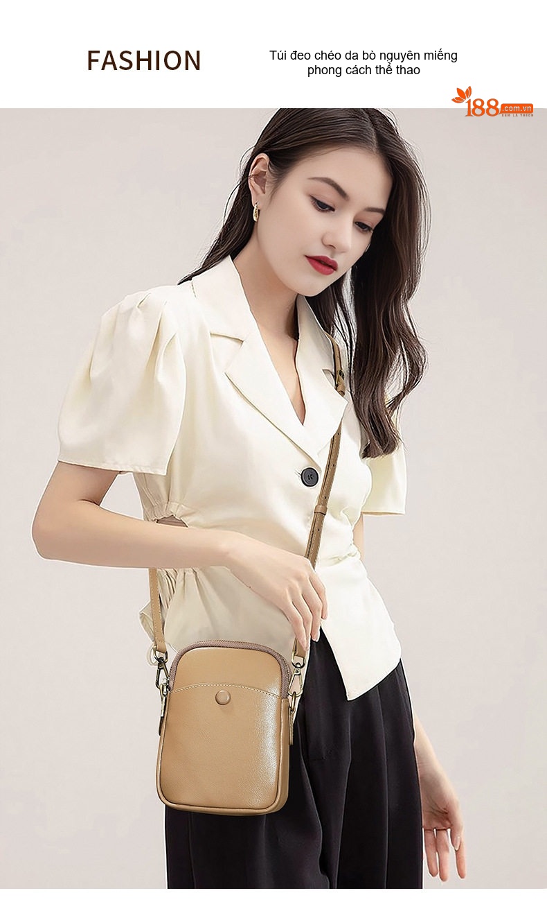Túi Đeo Chéo Nữ Da Bò Mini Đựng Điện Thoại Thời Trang Màu Nâu, Đen, Trắng, Be chi tiết 2