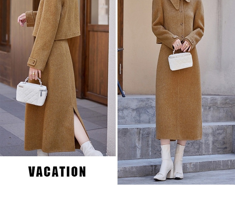 Set Áo Khoác Lửng Nữ và Chân Váy Bút Chì Vải Lông Cừu Hai Mặt Phong Cách Hàn Quốc Màu Nâu, Xám, Kem chi tiết 20