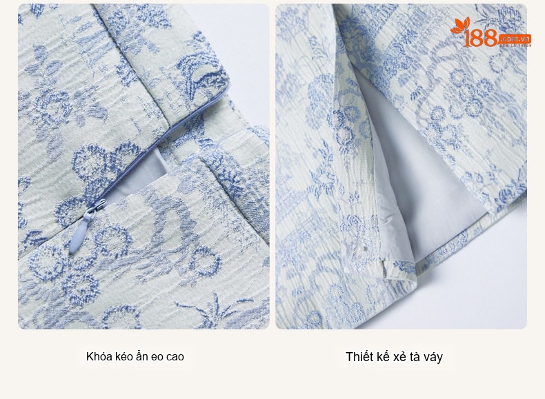 Set Áo Khoác Lửng và Chân Váy Midi Nữ Phong Cách Tân Cổ Điển Họa Tiết Màu Xanh, Hồng, Kem chi tiết 10