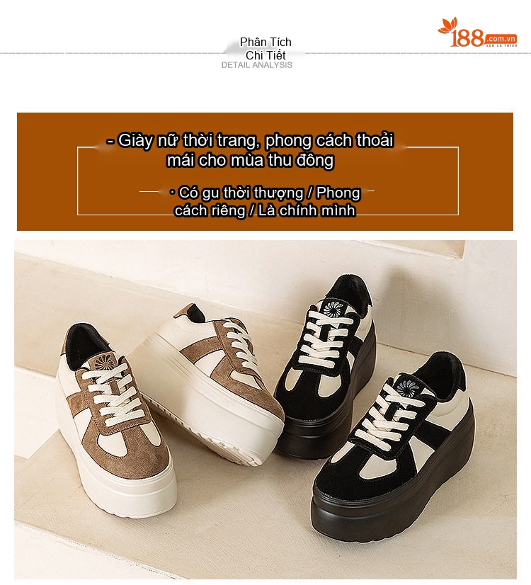 Giày Thể Thao Nữ Đế Xuồng Chiều Cao Đế Khoảng 6cm Phối Màu Phong Cách Đức Màu Trắng, Nâu, Đen chi tiết 6
