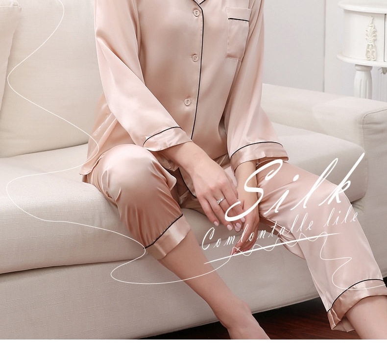 Bộ Đồ Ngủ Lụa Tơ Tằm 100% Tay Dài Quần Dài Nữ Mặc Nhà Màu Hồng, Đỏ, Xám, Xanh Navy chi tiết 2