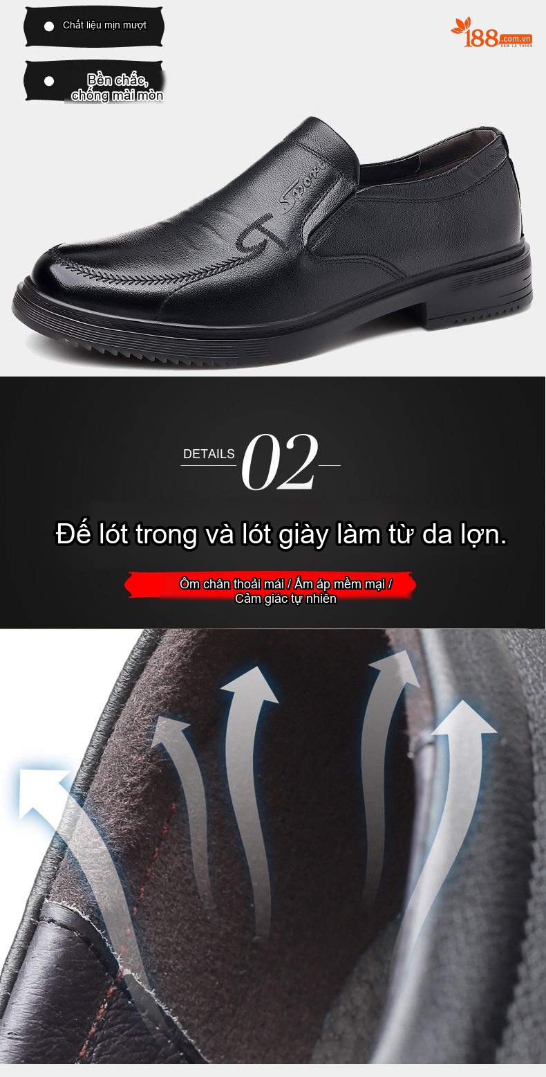 Giày Lười Nam Da Bò Đầu Tròn Chiều Cao Đế Khoảng 3cm Màu Đen chi tiết 10