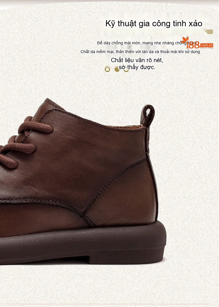 Giày Boot Nữ Cổ Ngắn Da Bò Mũi Tròn Buộc Dây Chiều Cao Đế Khoảng 3cm Màu Nâu, Đen chi tiết 4