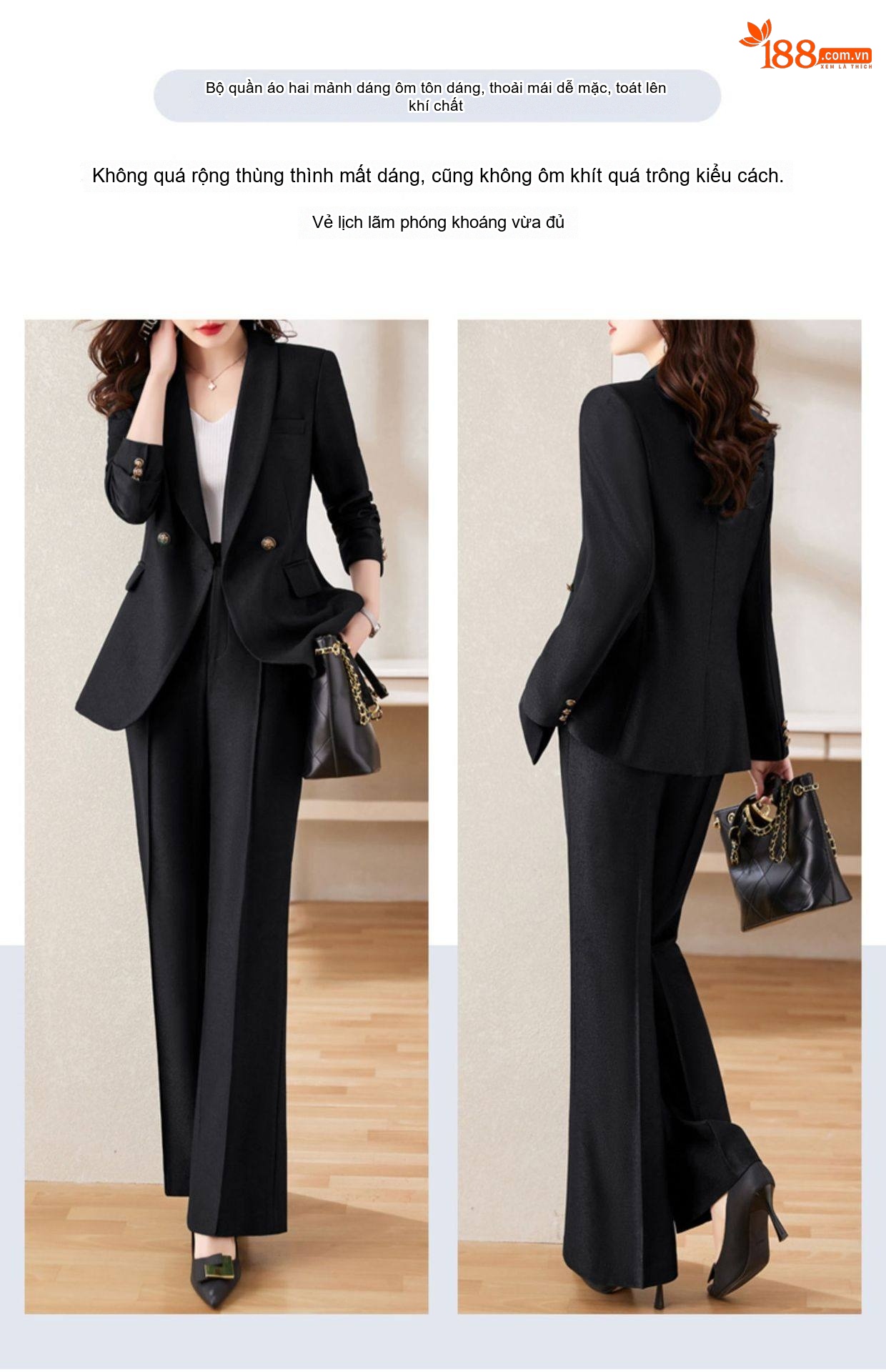 Set Bộ Vest Nữ Quần Ống Rộng Dáng Ôm Thanh Lịch Màu Đỏ, Xanh Lá, Đen chi tiết 14