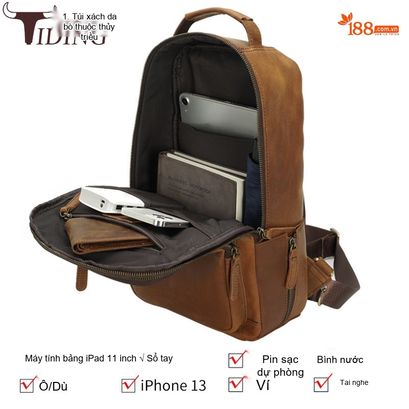 Túi đeo chéo ngực nam da bò đựng iPad 11 inch phong cách thể thao ngoài trời