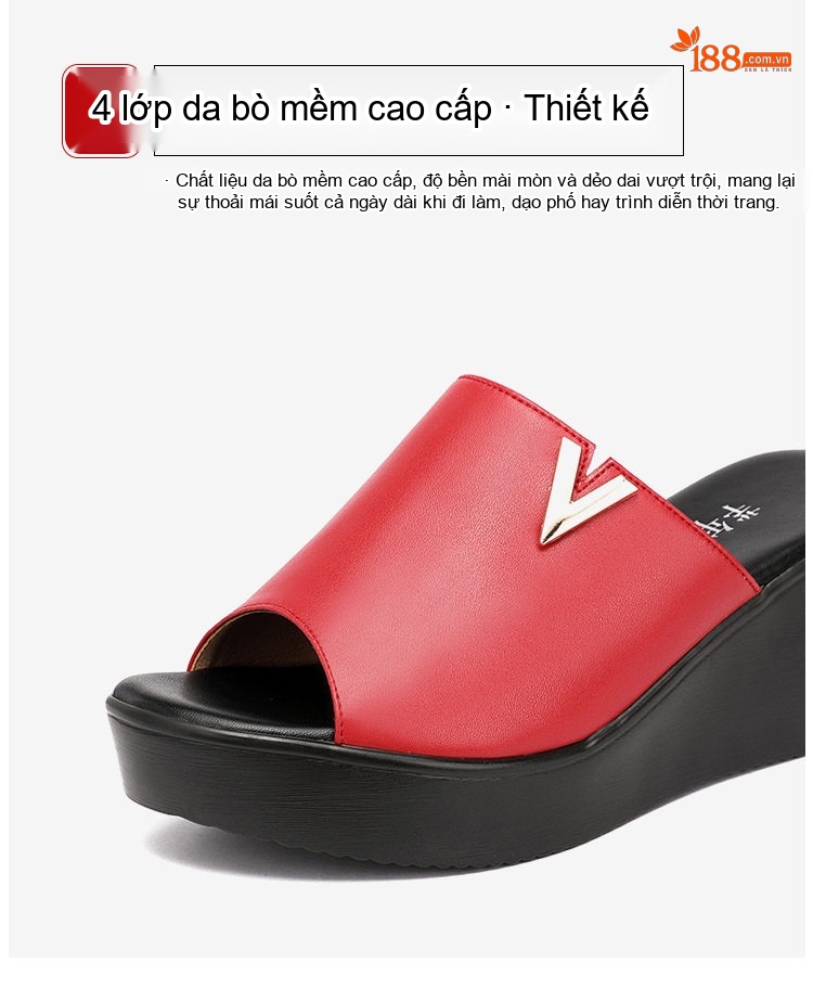 Dép Quai Ngang Nữ Da Bò Đế Xuồng Chiều Cao Đế Khoảng 6cm Màu Đỏ, Đen chi tiết 4