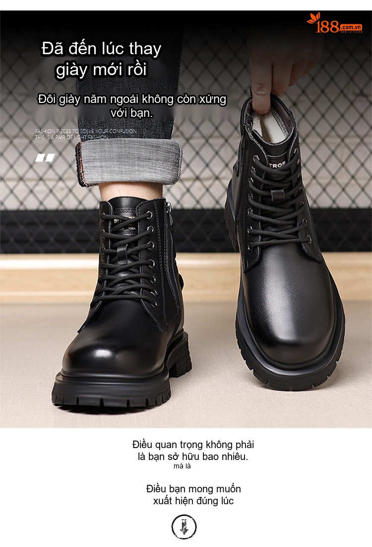 Boot Nam Da Thật Lông Cừu Giữ Ấm Chiều Cao Đế Khoảng 4cm Màu Đen chi tiết 9