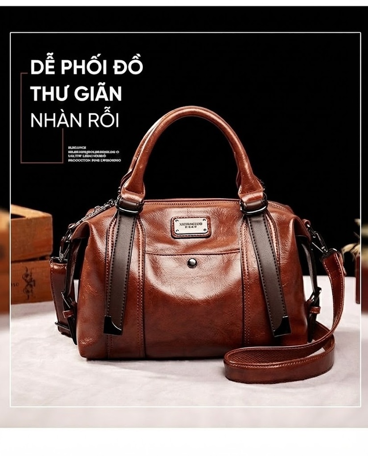 Túi Xách Nữ Da Bóng Đeo Vai Đeo Chéo Dáng Gối Cỡ Lớn Phong Cách Retro Châu Âu Màu Nâu chi tiết 3