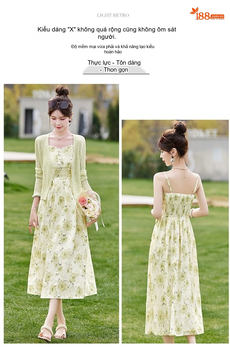 Váy Hai Dây Nữ dáng chữ A Chiết Eo Họa Tiết Hoa Nhỏ Kèm Áo Khoác Cardigan Dệt Kim Màu Xanh Nhạt chi tiết 4