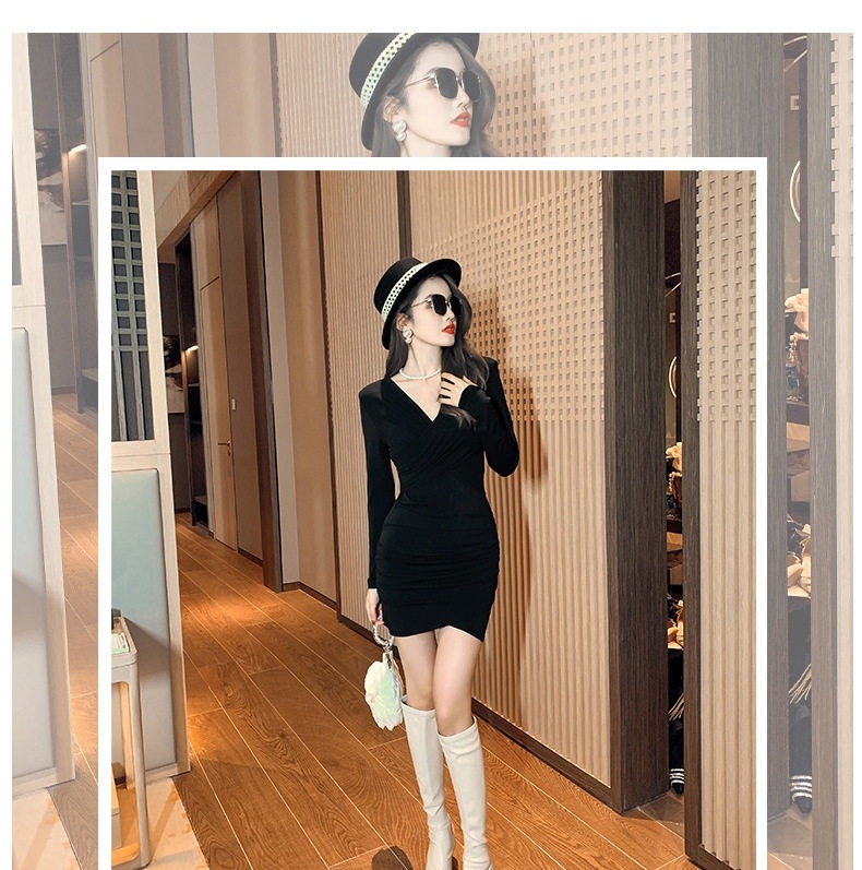Đầm Ôm Body Dài Tay Cổ chữ V Xếp Ly Phong Cách Gợi Cảm Màu Đen chi tiết 1