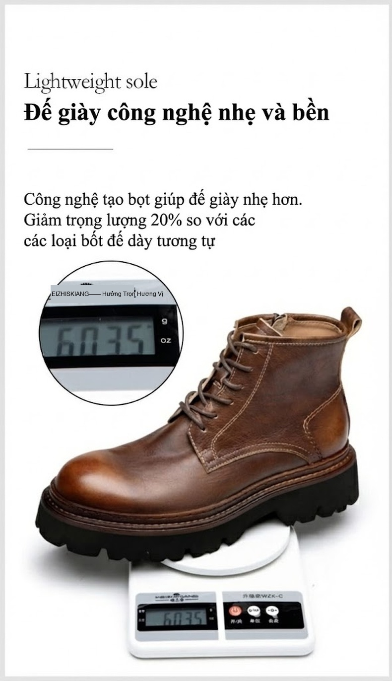 Giày Boot Martin Nam Da Bò Cổ Lửng Khóa Kéo Phong Cách Anh Chiều Cao Đế Khoảng 4cm Màu Nâu, Đen chi tiết 9