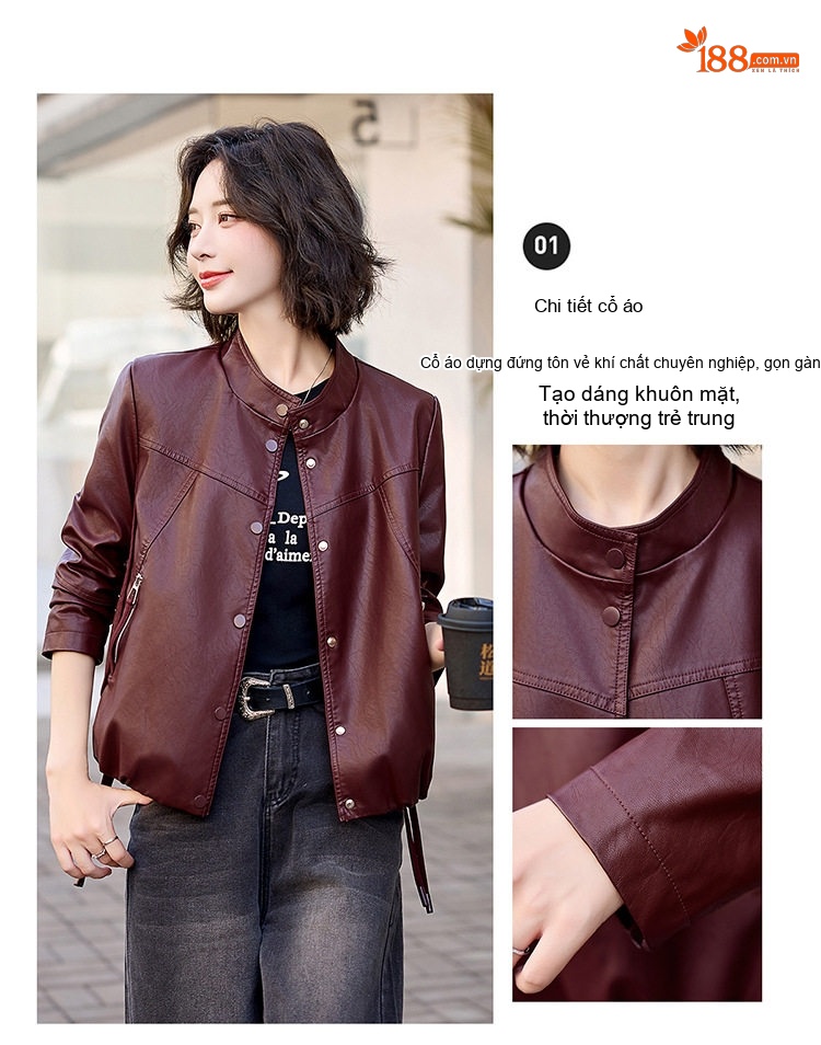 Áo Khoác Bomber Nữ Da PU Dáng Ngắn Thời Trang Màu Đen, Đỏ Rượu chi tiết 15