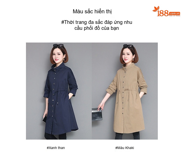 Áo Khoác Gió Nữ Dáng Dài Vừa Mỏng Nhẹ Thu Đông Màu Nâu, Xanh Navy chi tiết 10