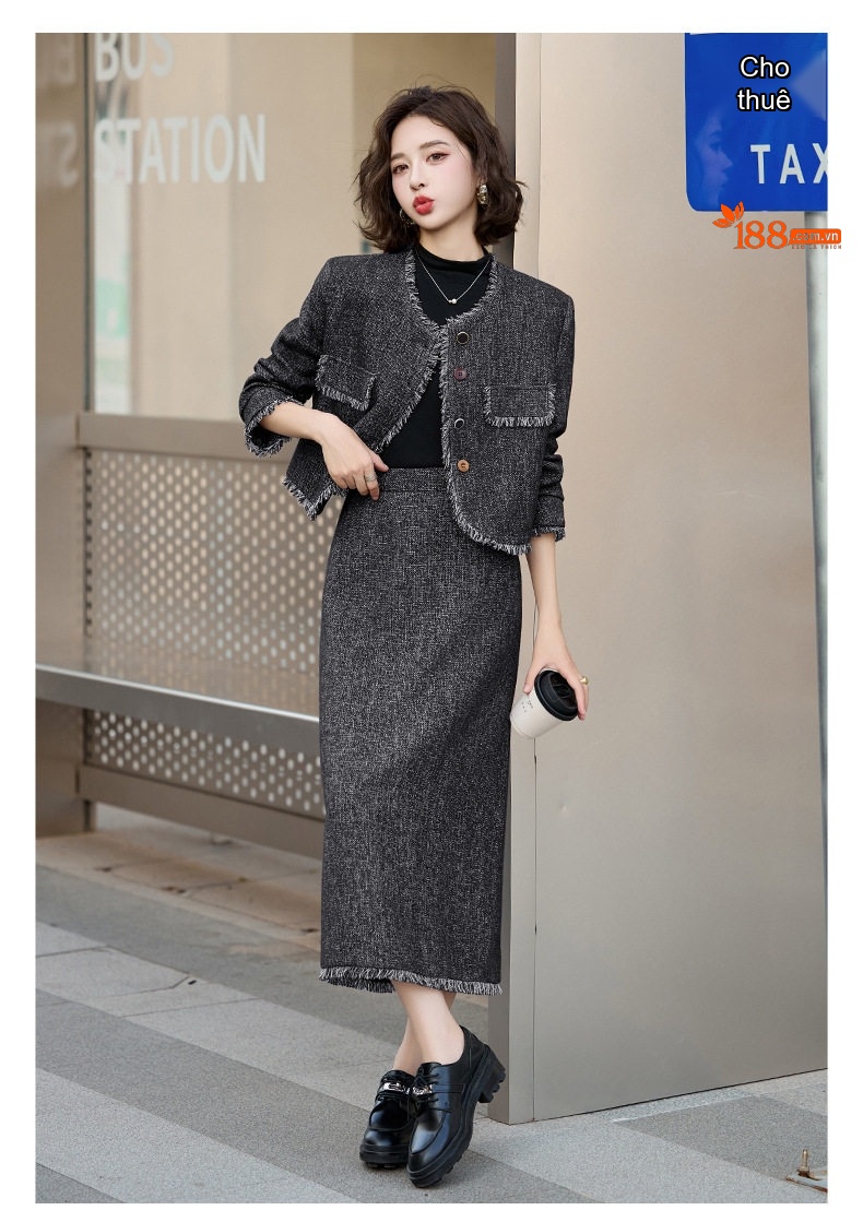 Set Áo Khoác và Chân Váy Tiểu Thư Phong Cách Pháp Thanh Lịch Màu Đỏ chi tiết 34