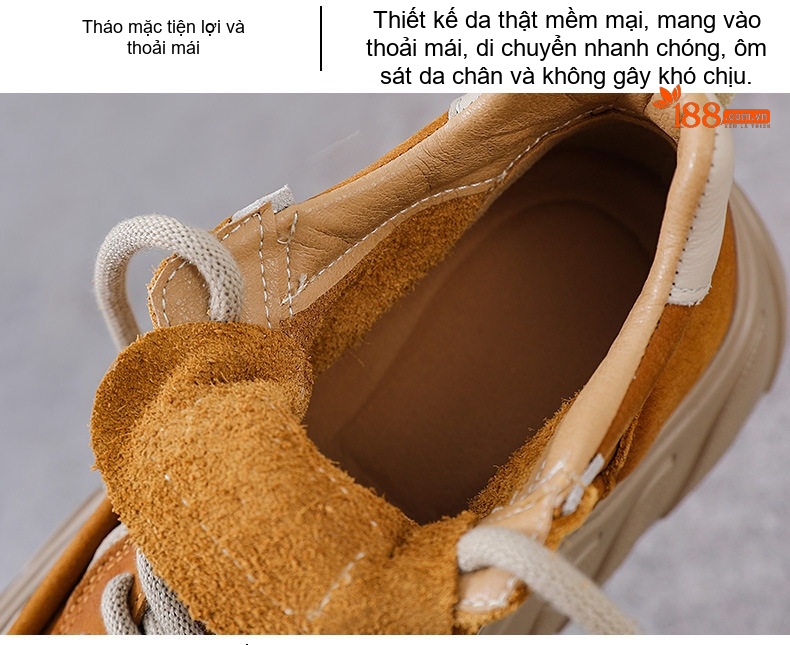 Giày Cao Cổ Nữ Da Bò Buộc Dây Chiều Cao Đế Khoảng 5cm Màu Nâu, Vàng chi tiết 8