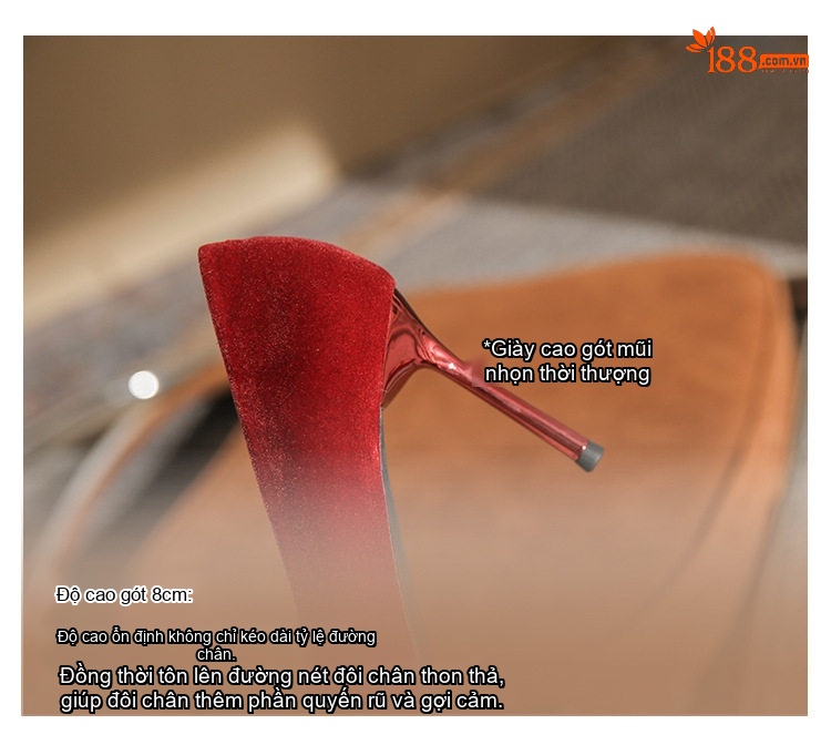 Giày Cao Gót Nữ Hở Lưng Nỉ Đính Đá Chiều Cao Đế Khoảng 8cm Màu Đỏ chi tiết 9