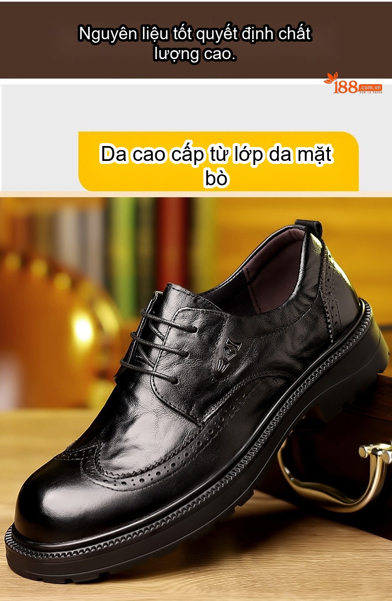 Giày Tây Buộc Dây Nam Da Bò Mềm Chiều Cao Đế Khoảng 3cm Màu Đen, Đỏ Rượu chi tiết 7