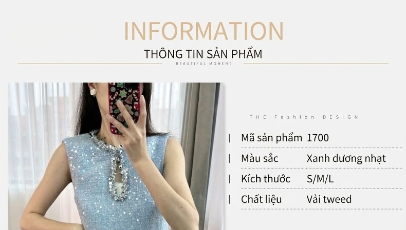 Váy Suông Nữ Tiểu Thư Cổ Tròn Không Tay Chất Thô Hoa Nổi Đính Đá Lấp Lánh Màu Xanh chi tiết 1