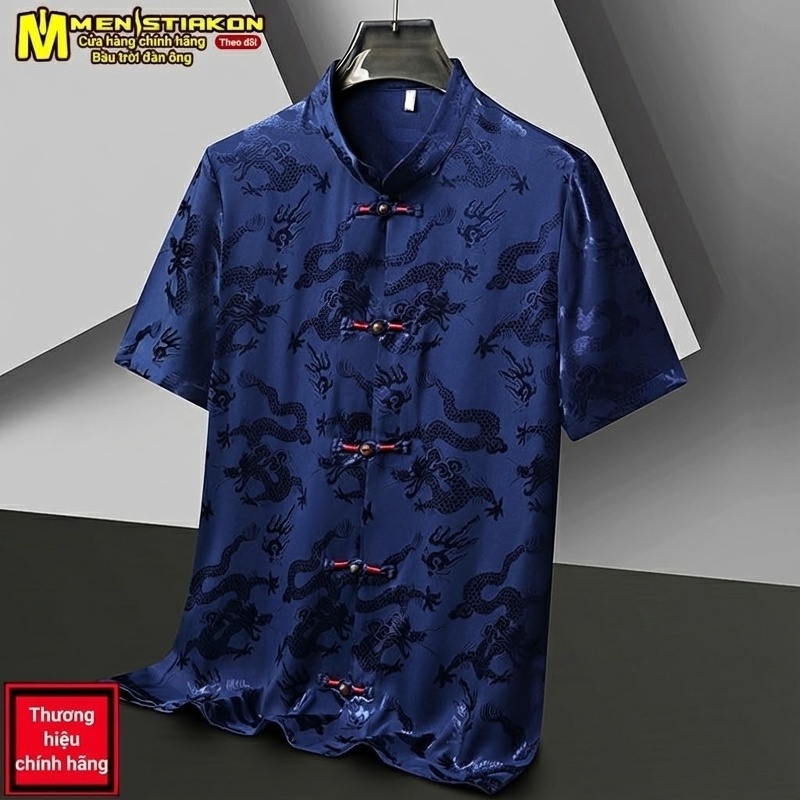Áo Sơ Mi Nam Trung Niên Tay Ngắn Cổ Tàu Phong Cách Trung Hoa Lụa Gấm Màu Xanh Navy, Đỏ, Đen, Trắng...