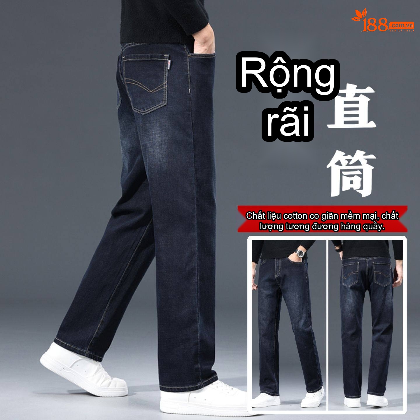 Quần Jean Dài Nam Cotton Co Giãn Thoải Mái Dáng Suông Màu Xanh Dương, Đen, Xám