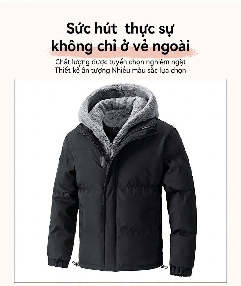Áo Khoác Cotton Nam Mùa Đông Dáng Rộng Lông Cừu Non Dày Dặn Ngắn Tay Có Mũ Phong Cách Hàn Quốc Màu Be, Đen chi tiết 3
