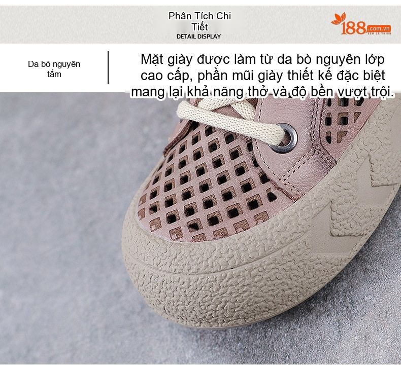 Giày Búp Bê Nữ Da Bò Lỗ Thoáng Khí Đế Bằng Đế Cao 3cm - 4cm Màu Kem, Hồng chi tiết 6