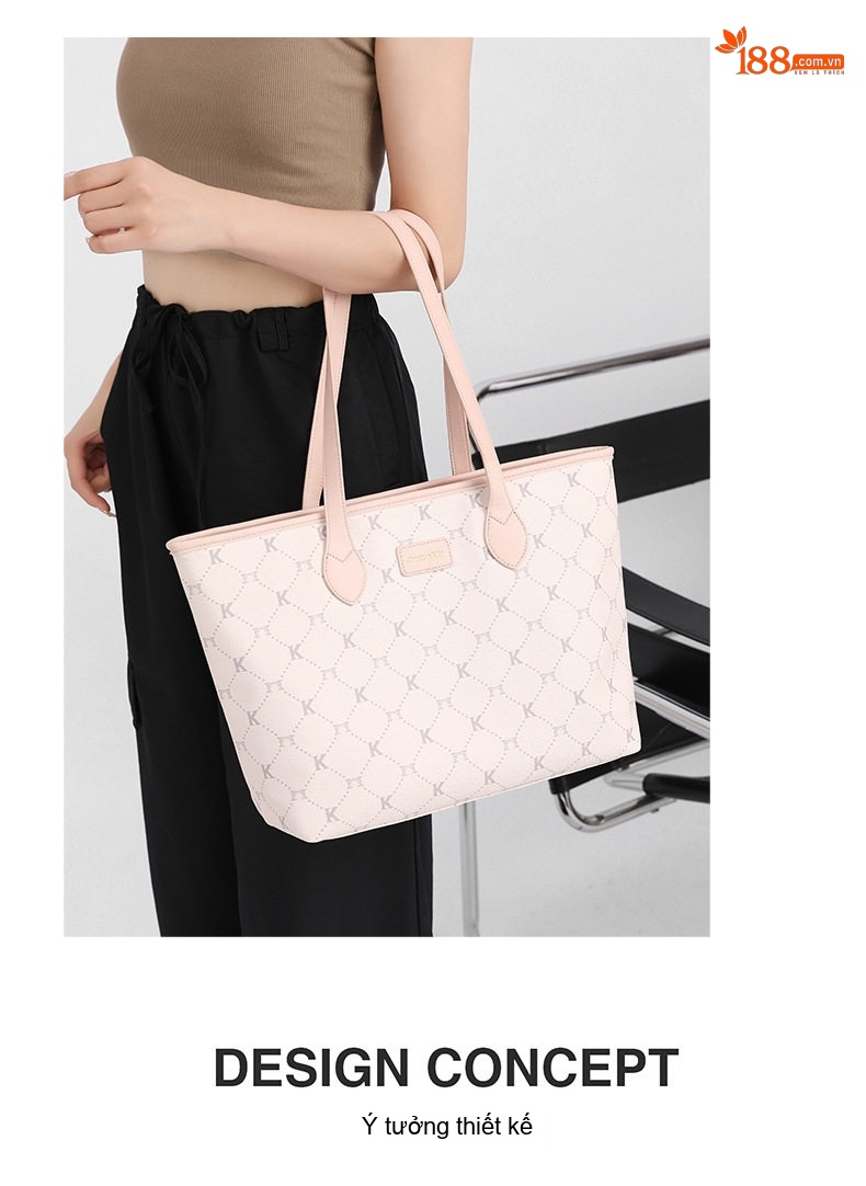 Túi Tote Nữ Vải In Họa Tiết Chữ K, Túi Đeo Vai Công Sở, Túi Xách Tay Lớn Đựng Laptop Màu Kem, Hồng chi tiết 2