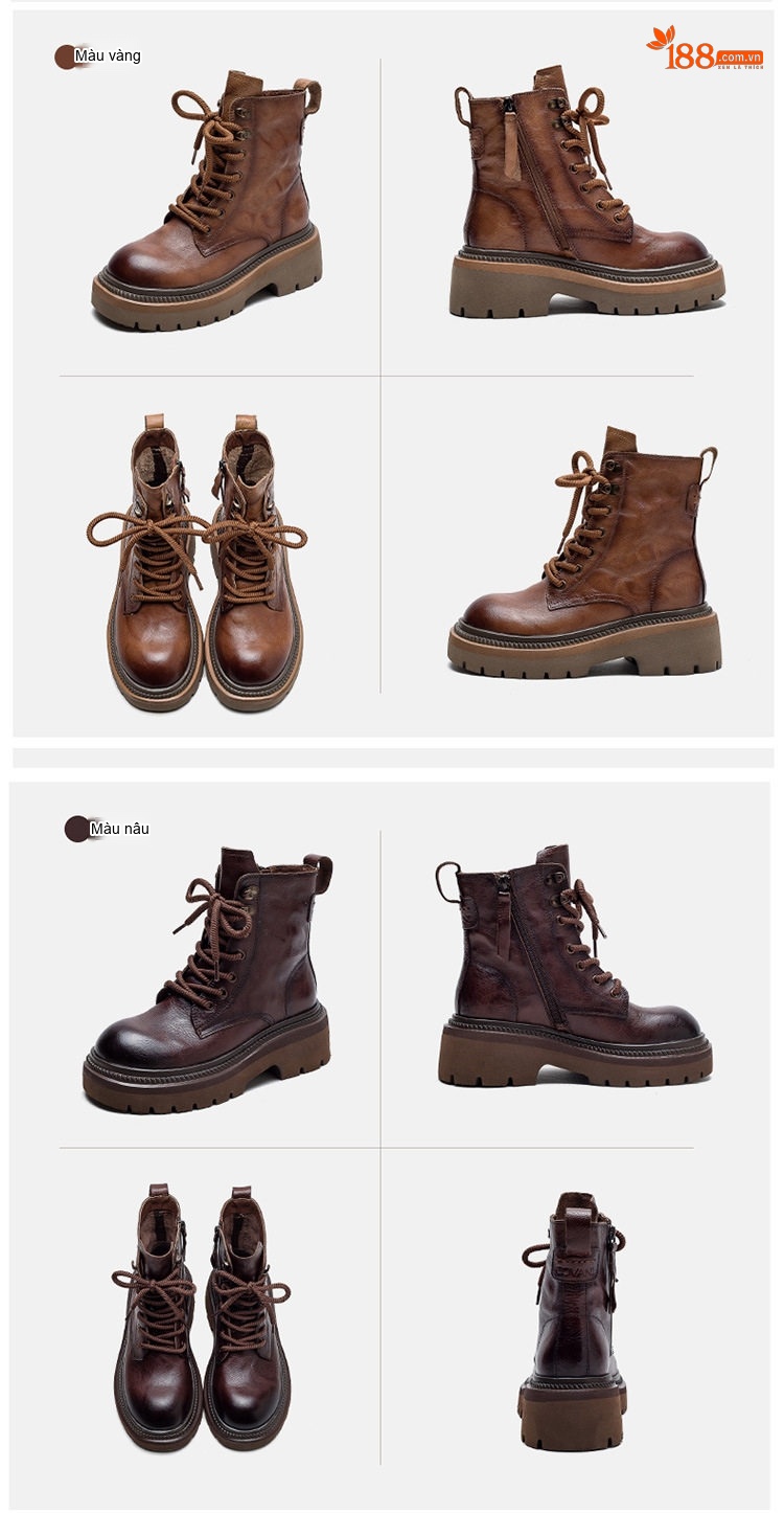 Boot Nữ Cổ Ngắn Đế Dày Làm Cũ Khóa Kéo Bên Hông Chiều Cao Đế Khoảng 5cm Màu Nâu, Đen chi tiết 16
