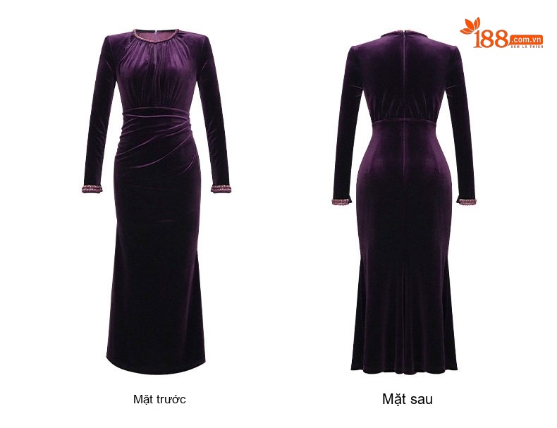 Váy Ôm Body Nữ Vải Nhung Dài Tay Cổ Tròn Đính Đá Sang Trọng Màu Đen, Tím chi tiết 7