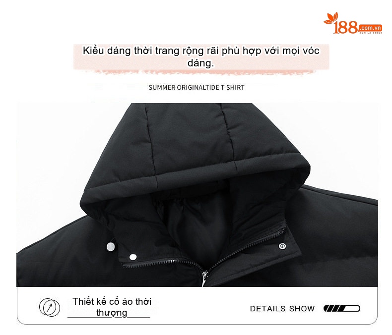 Áo Khoác Cotton Nam Nữ Mũ Trùm Đầu Dáng Rộng Mùa Đông Màu Xám, Xanh Lá, Đen, Trắng chi tiết 6
