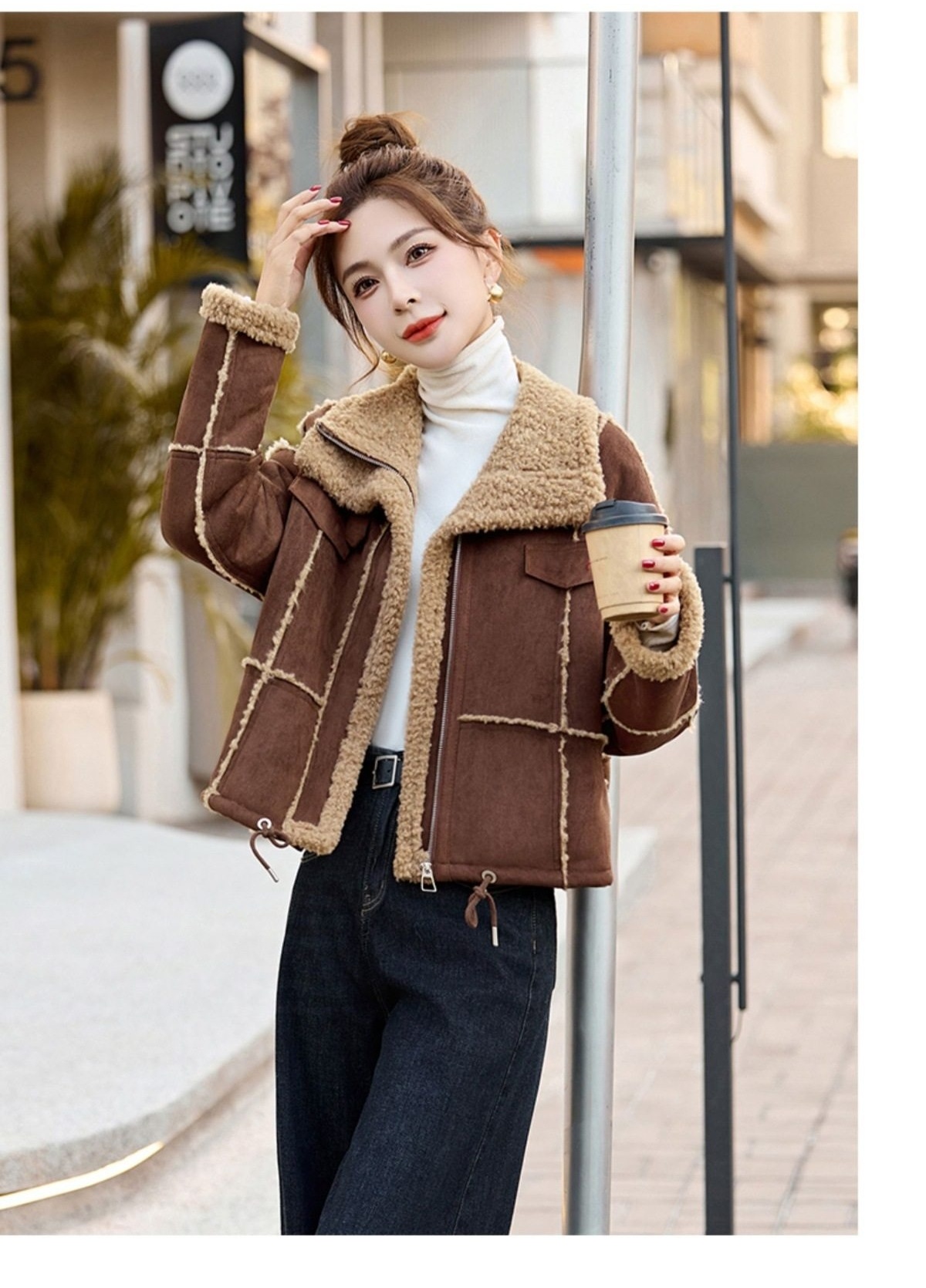 Áo Khoác Lông Cừu Non Nữ Lót Nhung Dày Dặn Kiểu Bomber Da Lộn Màu Be, Nâu chi tiết 27