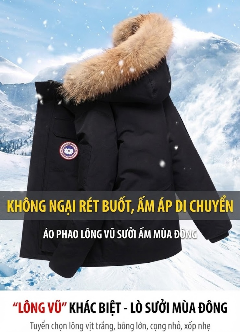 Áo Khoác Phao Nam Lông Vũ Dáng Ngắn Cổ Lông Gấu Trúc Dày Dặn Màu Đen, Đỏ, Xám, Trắng... chi tiết 1