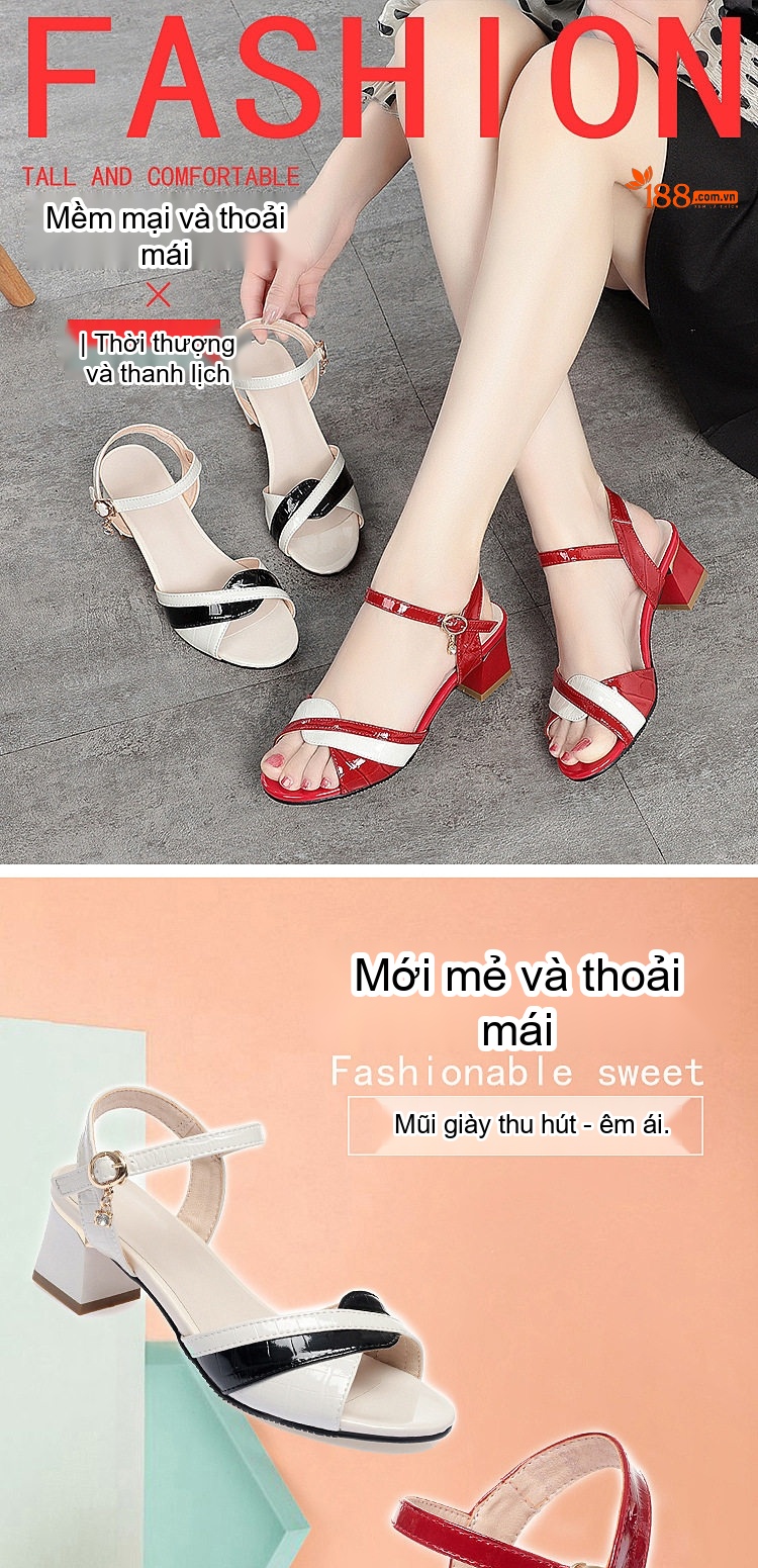Giày Sandal Cao Gót Nữ Quai Ngang Phối Màu Da Bóng Gót Cao 7cm - 8cm Màu Đỏ, Trắng, Đen chi tiết 1
